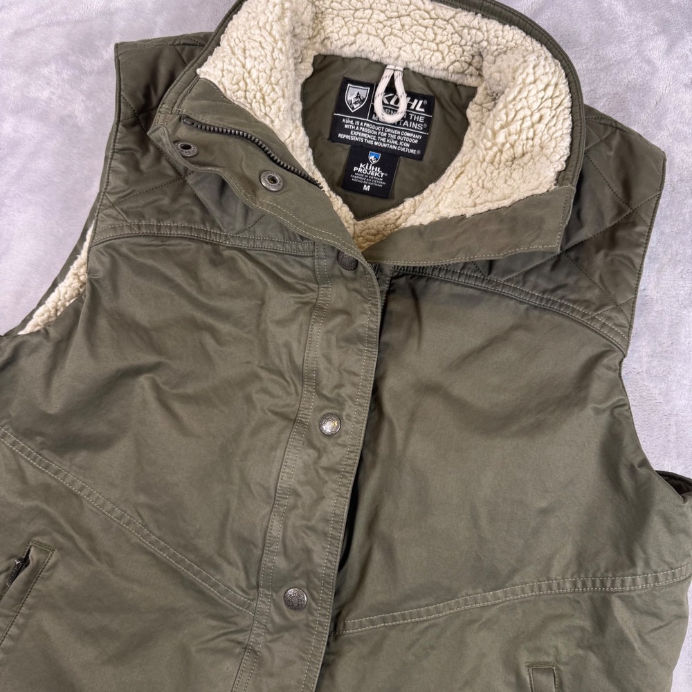 Kuhl Projekt Olive Green Sherpa Fleece Lined Quilted Utility Vest Womens Medium